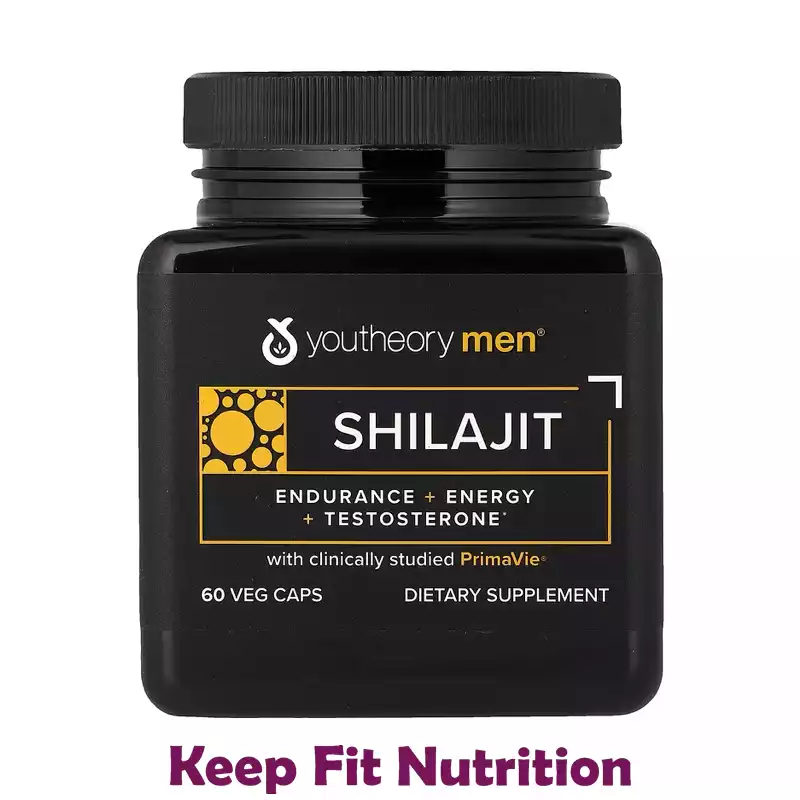 Flacon de gélules de Shilajit YOUTHEORY MEN avec extrait purifié PrimaVie pour la vitalité.